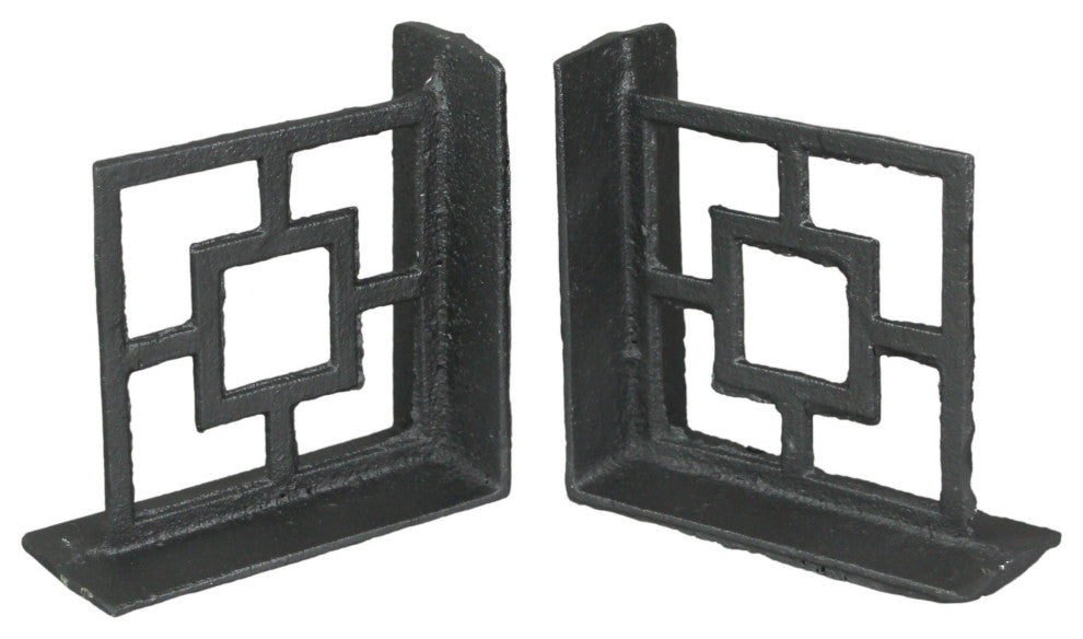 Set of 2 Cast Iron Breeze Block Bookends Decorative Rustic Geometric Shelf Deco