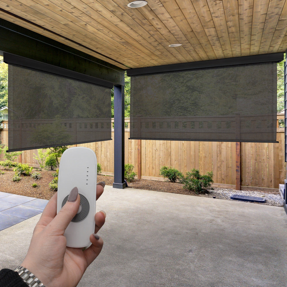 Outdoor Valanced Remote Control Operated Sunshade, Pearl Fabric, Obsidian, 72x96
