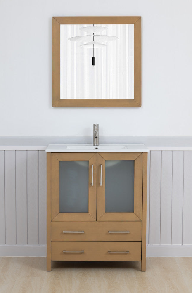 Vanity Art Single Vanity Set With Ceramic Top, 30", Natural Oak, Standard Mirror