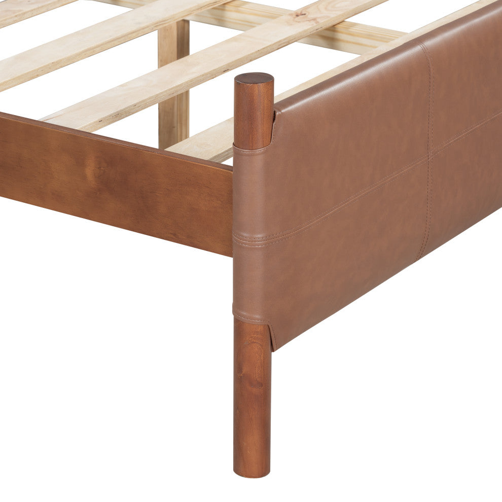 GDF Studio Queen Platform Bed With Upholstered PU Headboard & Wood Frame, Brown