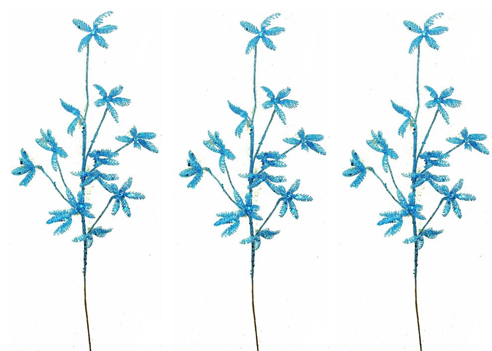 3 Pieces 25" Glitter Leaf Christmas Spray, Turquoise