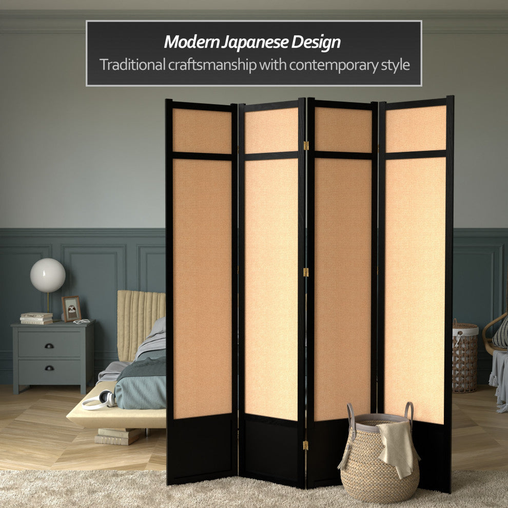 7' Tall Jute Shoji Screen, 4 Panel, Black