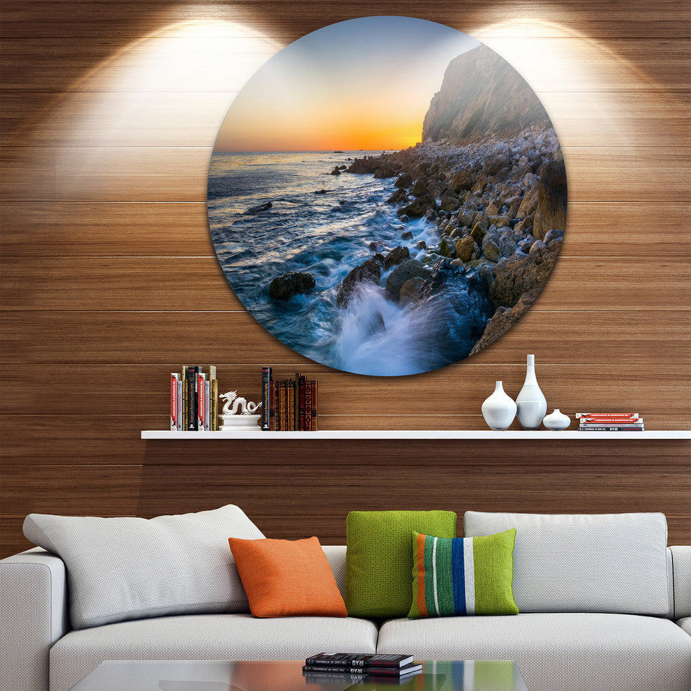 Crashing Waves At Pelican Cove, Seashore Round Metal Wall Art, 36"
