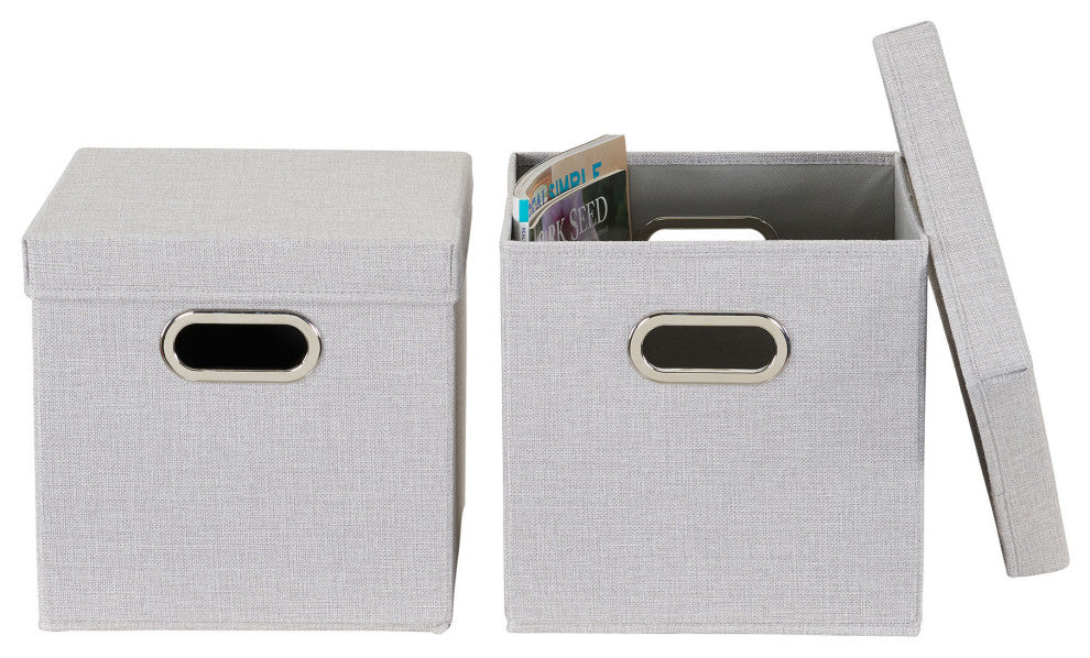 Storage Bins With Lids and Chromed Grommet Handles, Gray