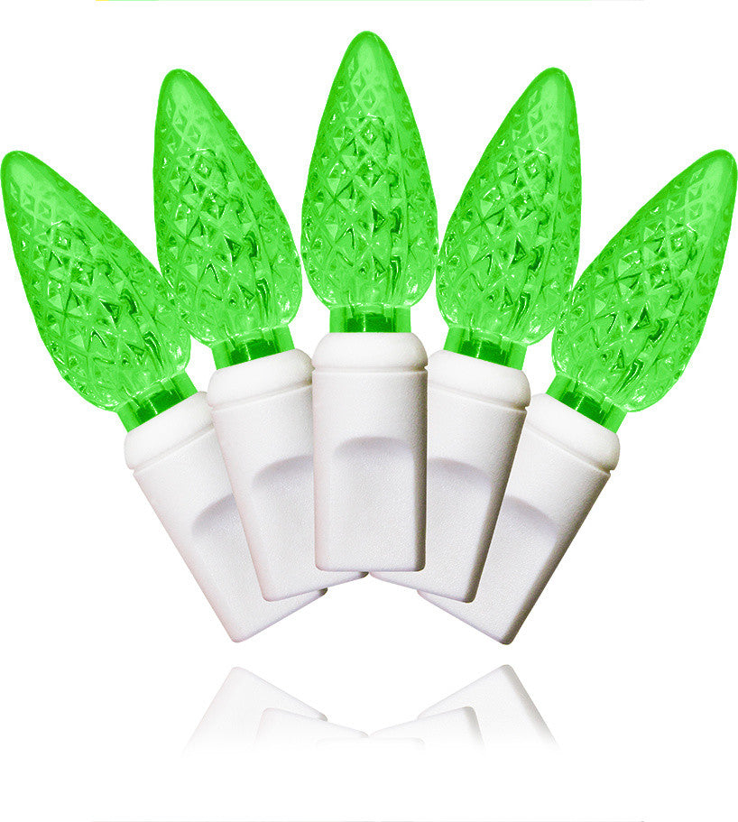 35 C6 Frosted Green LED Lights 4" Spacing On White Wire