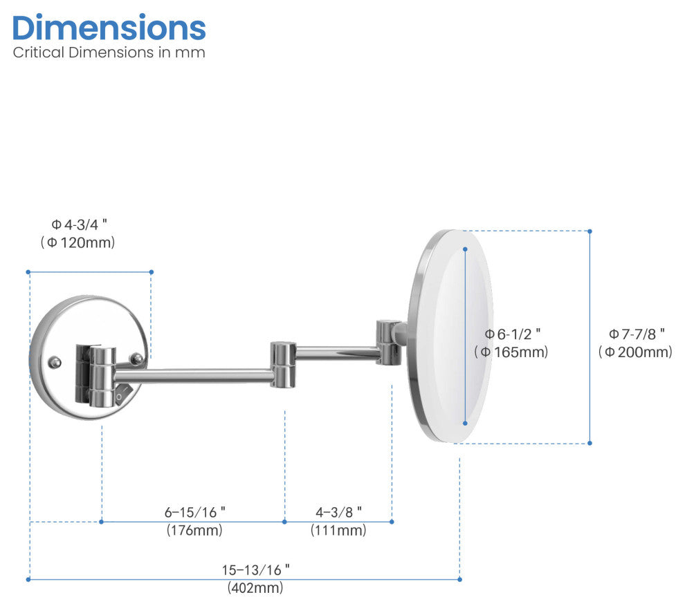 Circular LED Wall Mount One Side 5x Magnifying Make Up Mirror, Chrome