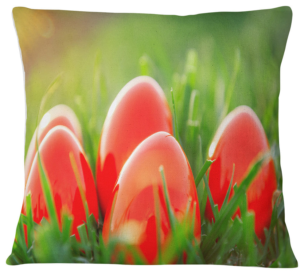 Red Easter Eggs in Green Grass Landscape Photography Throw Pillow, 16"x16"
