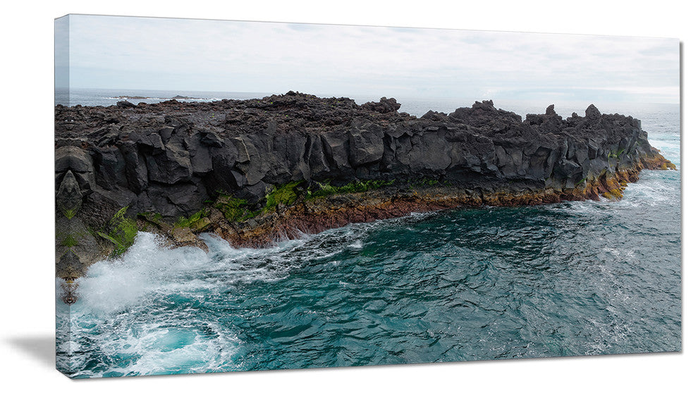 "Rocky Coast With Moss in Azores" Seashore Canvas Art, 32"x16"