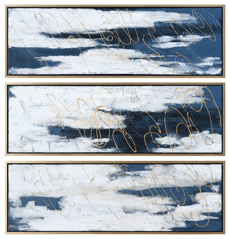 Blue Abstract Triptych Set Textured Metallic Hand Painted Wall Art