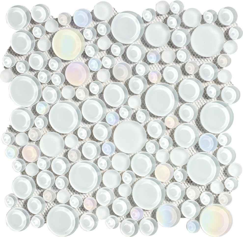 12"x12" Glass Mosaic Tile, Bubble Collection, Mist, Mixed Rounds, Set of 50