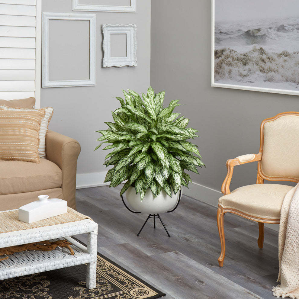 4' Silver Queen Artificial Plant, White Planter With Metal Stand