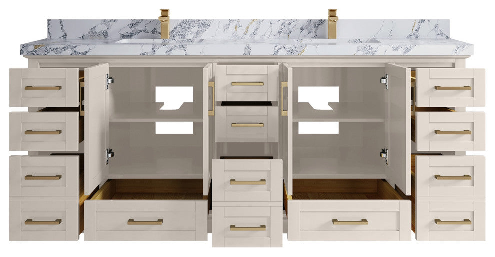 Boston 84" Double Sink Bath Vanity in Fine Grain 2" Calacatta Poanazzo