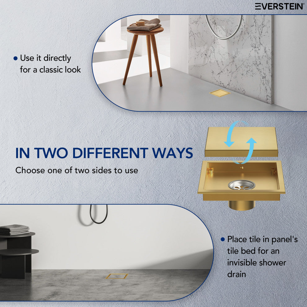 EVERSTEIN Invisible 6" Square Shower Drain, Dual-Sided Design, Brushed Gold