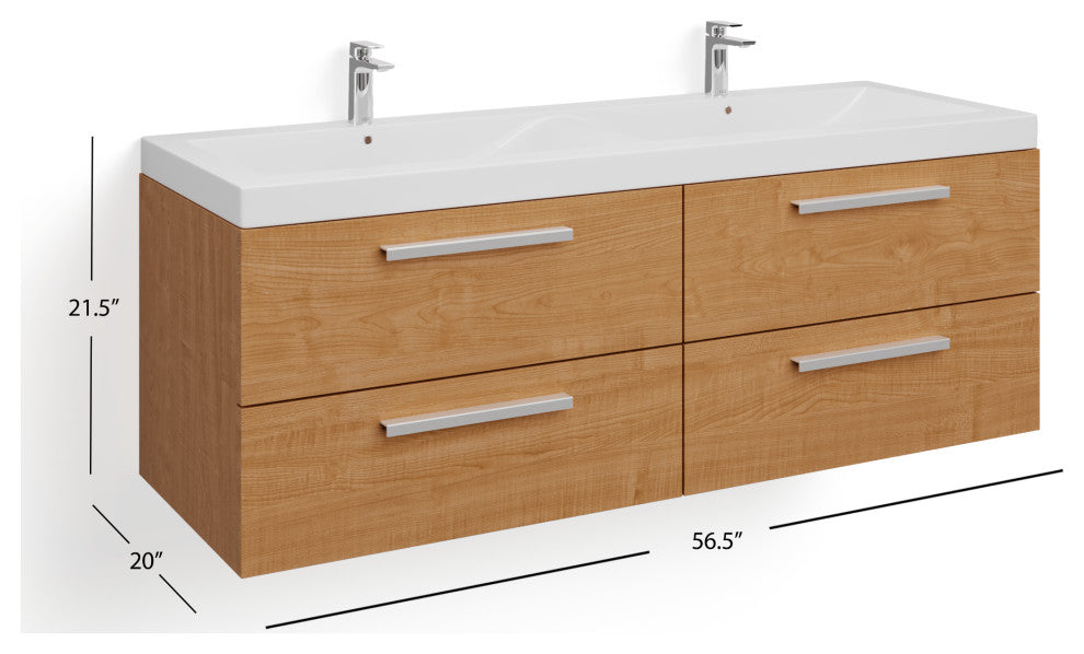 The Aeris Bathroom Vanity, Oak, 55", Double Sink, Wall Mount