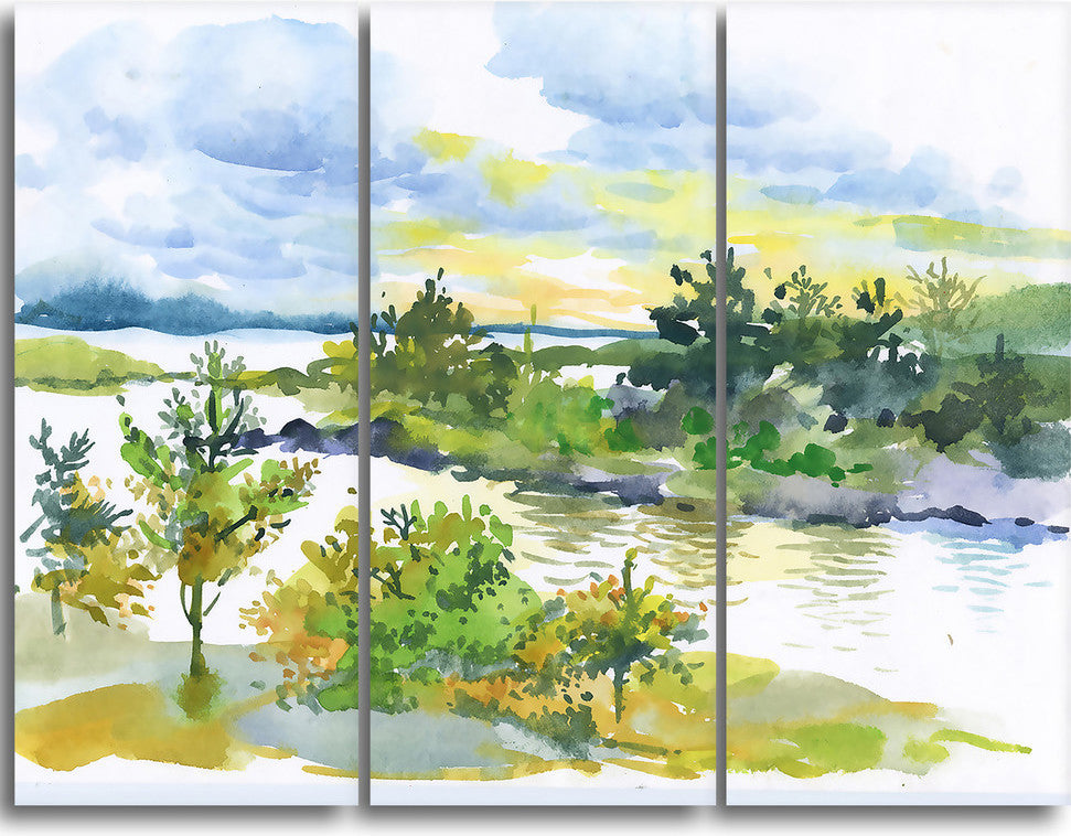 "Autumn Forest and Lake Watercolor" Metal Wall Art, 3 Panels, 36"x28"