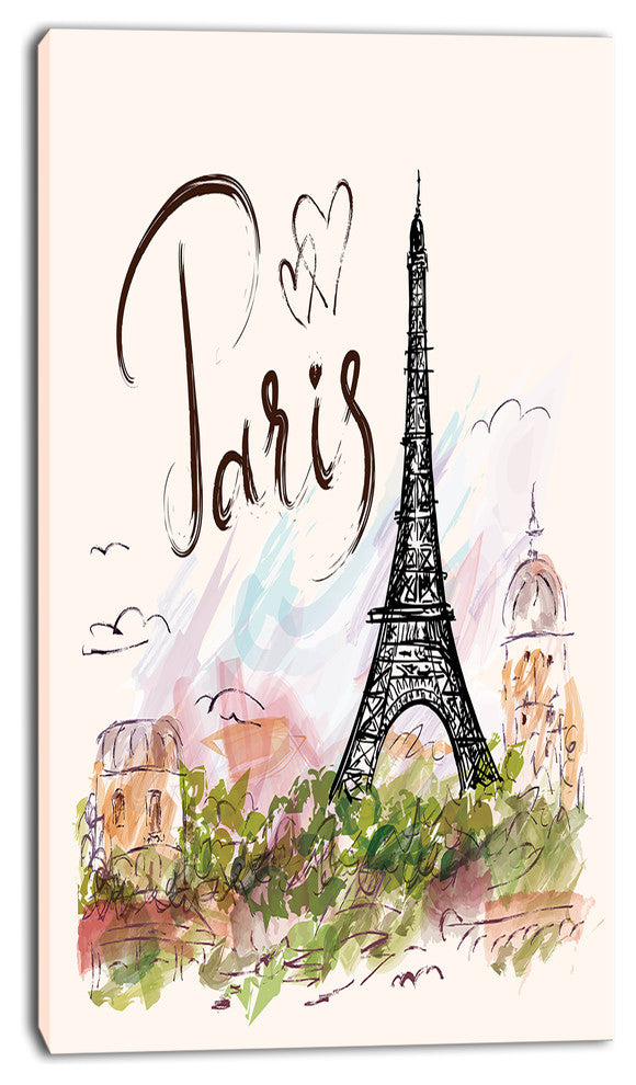 "Eiffel Tower With Paris Scribbling" Digital Canvas Print, 20"x40"