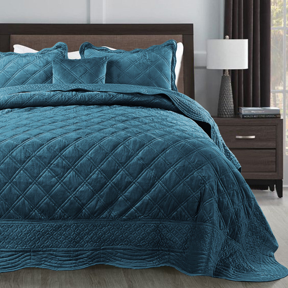 Supersoft Microplush Quilted 4-Piece Bed Spread Set, Blue Sapphire, Queen