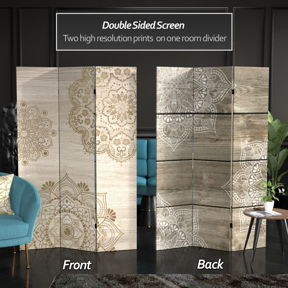 6' Tall Double Sided Mandala on Oak Canvas Room Divider