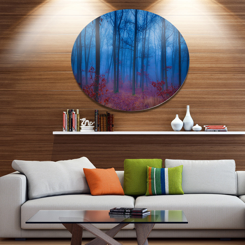 Mysterious Blue Thick Woods, Modern Forest Disc Metal Artwork, 23"
