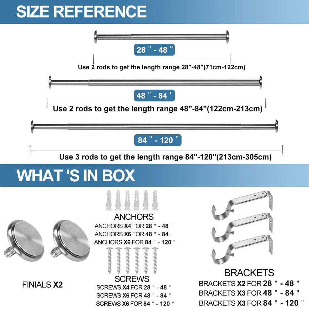 1" Bouton Drapery Curtain Rod, Brushed Steel, 84"-120"