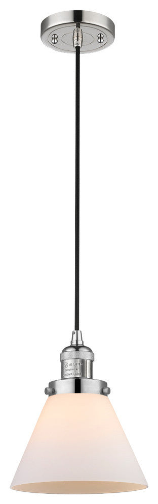 1-Light Large Cone 8" Pendant, Polished Nickel, Glass: Matte White Cased