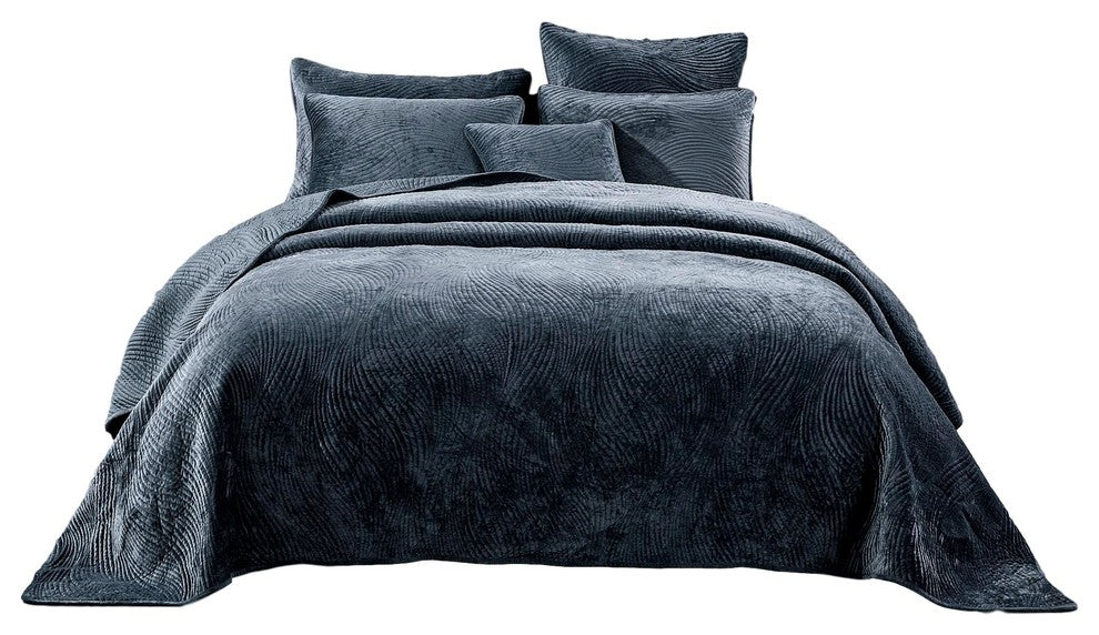 Navy Blue Velvet Plush Waves Bedspread Set, Queen