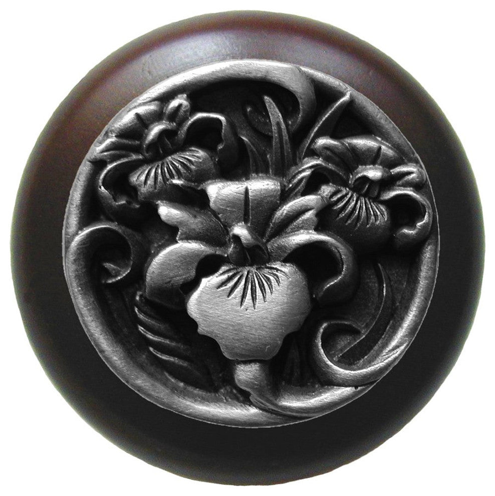 River Iris Wood Knob, Antique Brass, Dark Walnut Wood Finish, Antique Pewter