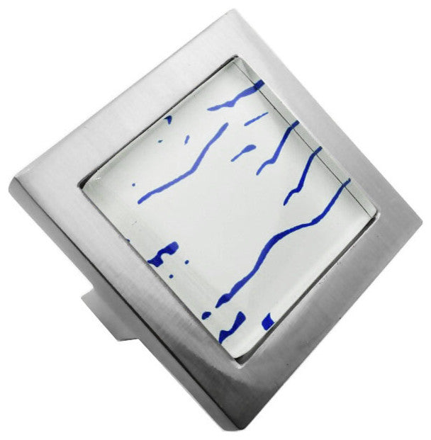 Hand Painted Abstract Blue Lines Crystal Glass Brushed Nickel Square Manor Knob