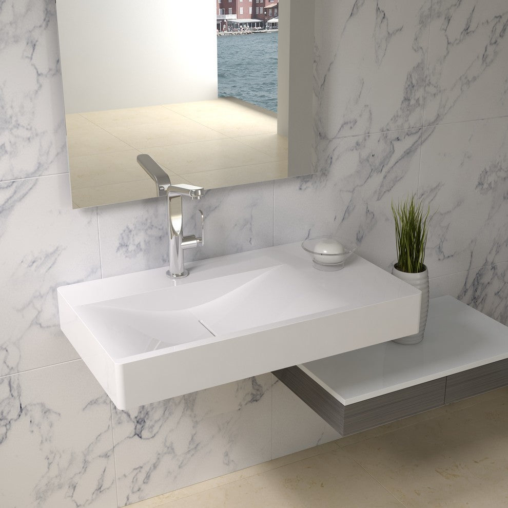 ADM Rectangular Ramped Wall Mounted Sink, White, 39", Glossy White