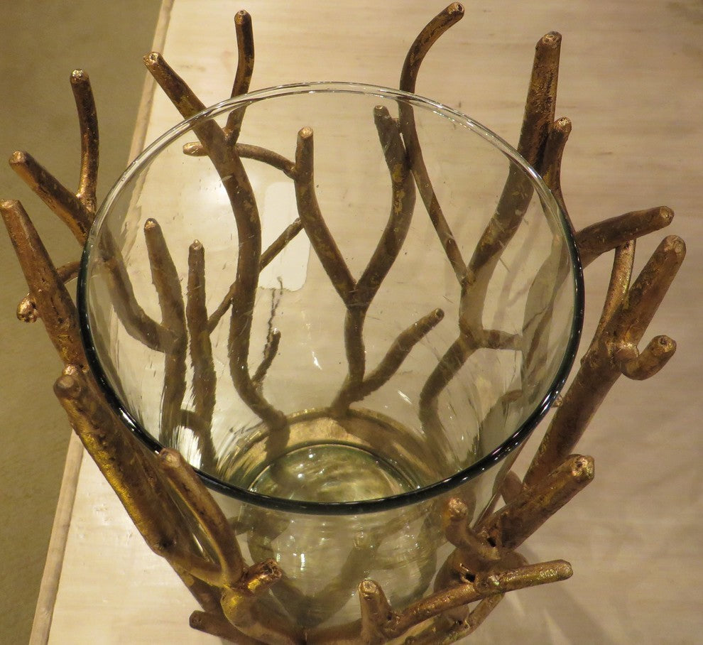 Tall 15" Gold Branch Pillar Candle Holder, Metal Hurricane Twig