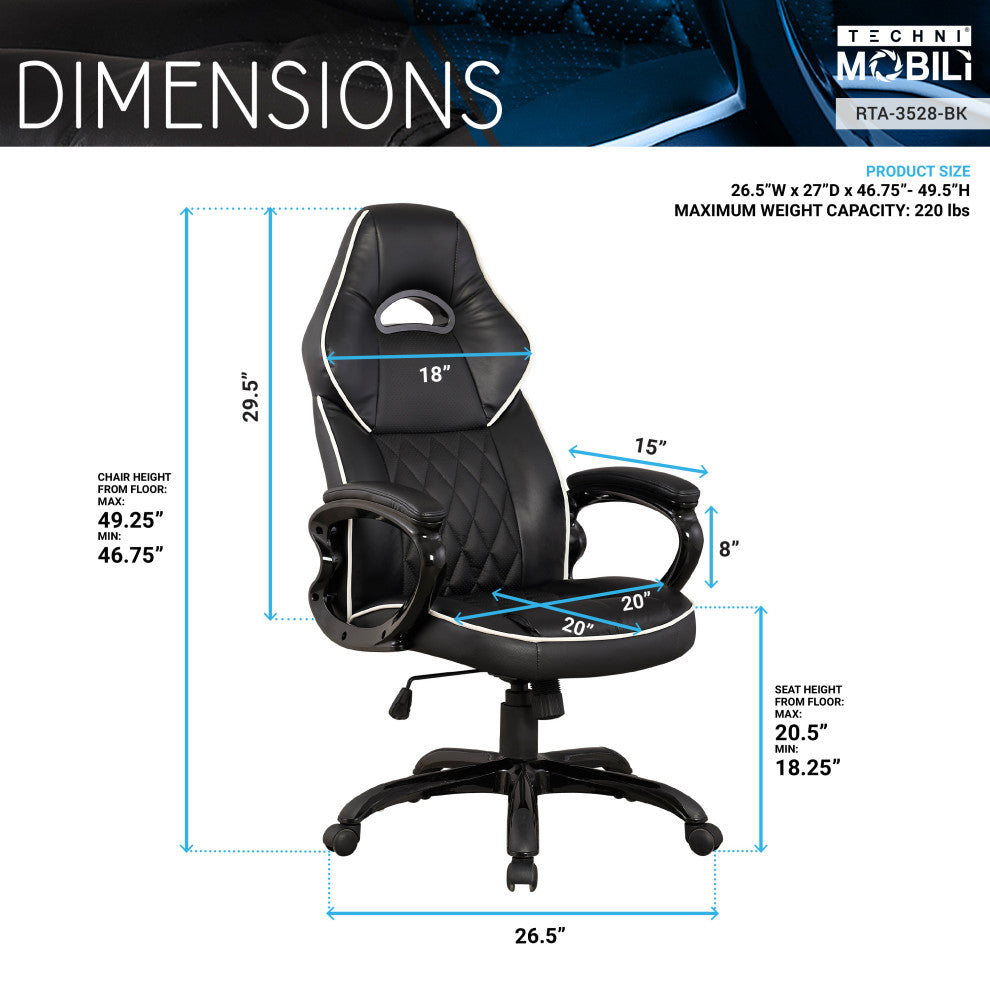 Techni Mobili High Back Executive Sport Race Office Chair. Color: Black