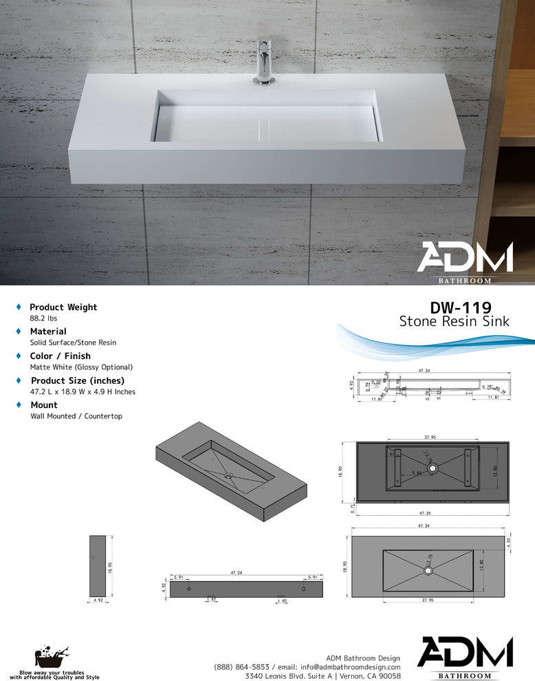 ADM Large Rectangular Wall Mounted Sink, White, 47", Matte White
