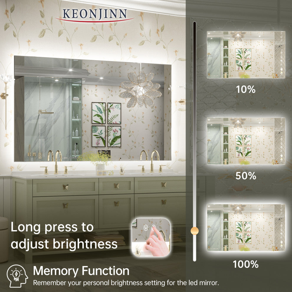 Backlit LED Mirror for Bathroom, Anti-Fog Dimmable, Silver, 60x36