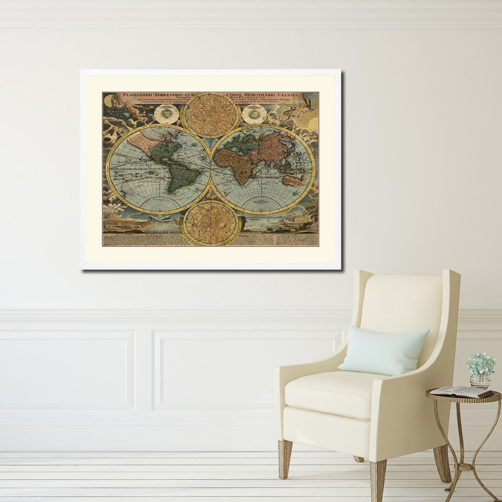 World Old Map Print On Canvas With Picture Frame Art Collection 16" X 21"
