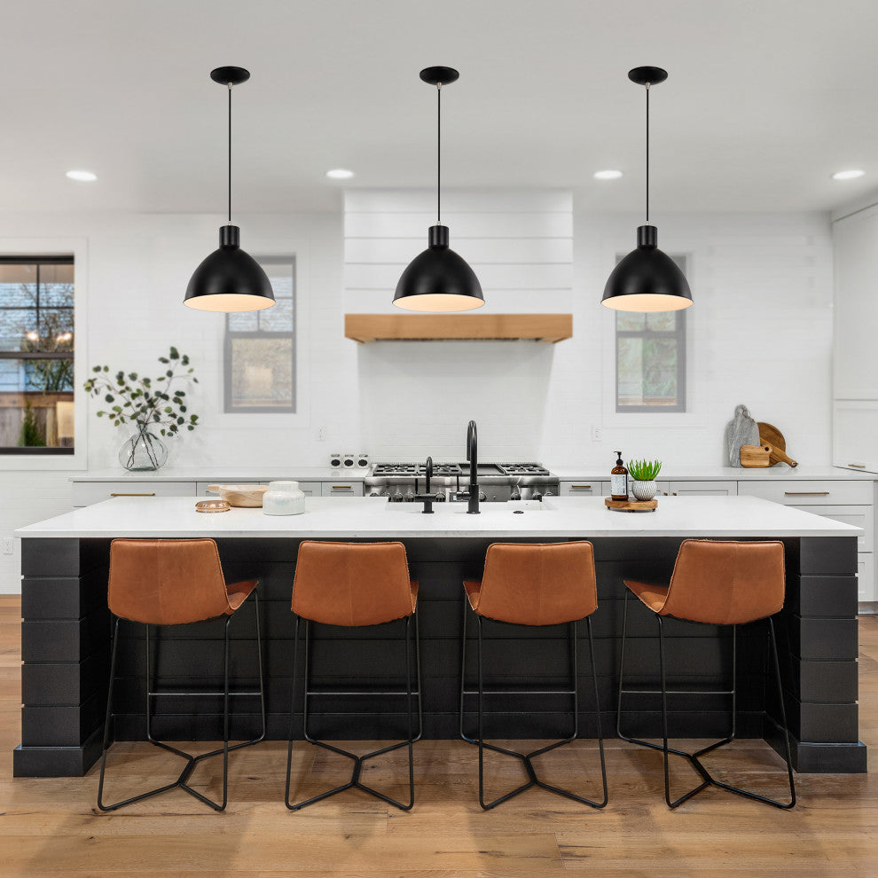 1-Light Matte Black and Brushed Nickel Pendant Light With Bowl Metal Shade