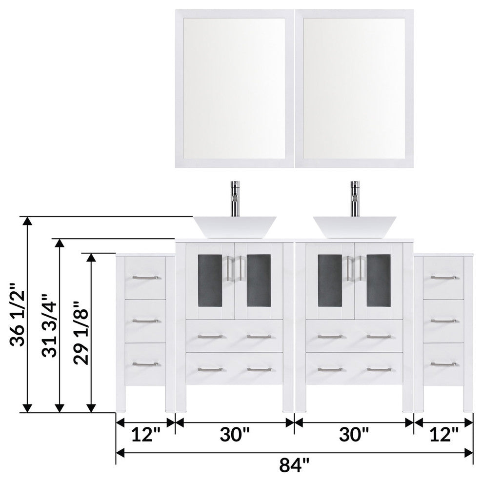 Modern Vanity Set With Two Sink Bases With Mirrors and Two Drawer Bases, White,