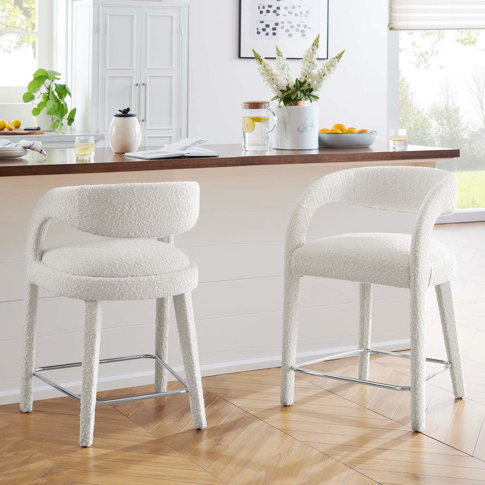 Pinnacle Boucle Upholstered Counter Stool Set of 2, Ivory Silver