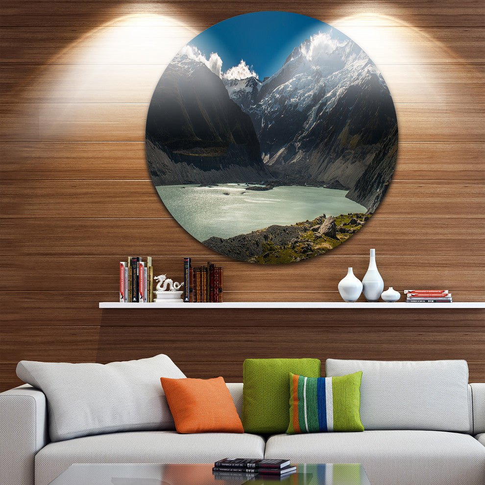 Frosty Mountains Over Blue Lake, Landscape Disc Metal Artwork, 36"