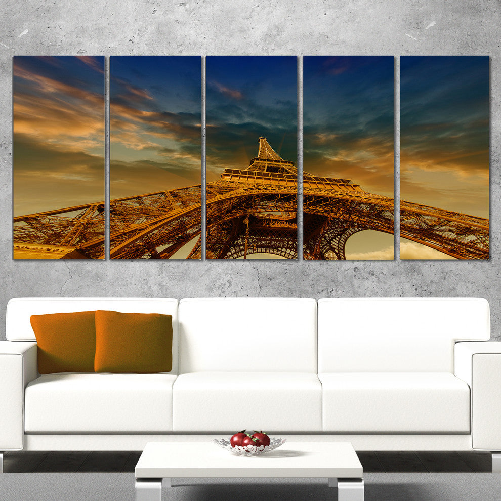 "Dramatic Sky Above Paris Eiffel Tower in Paris" Cityscape Art, 60"x28", 5Panel