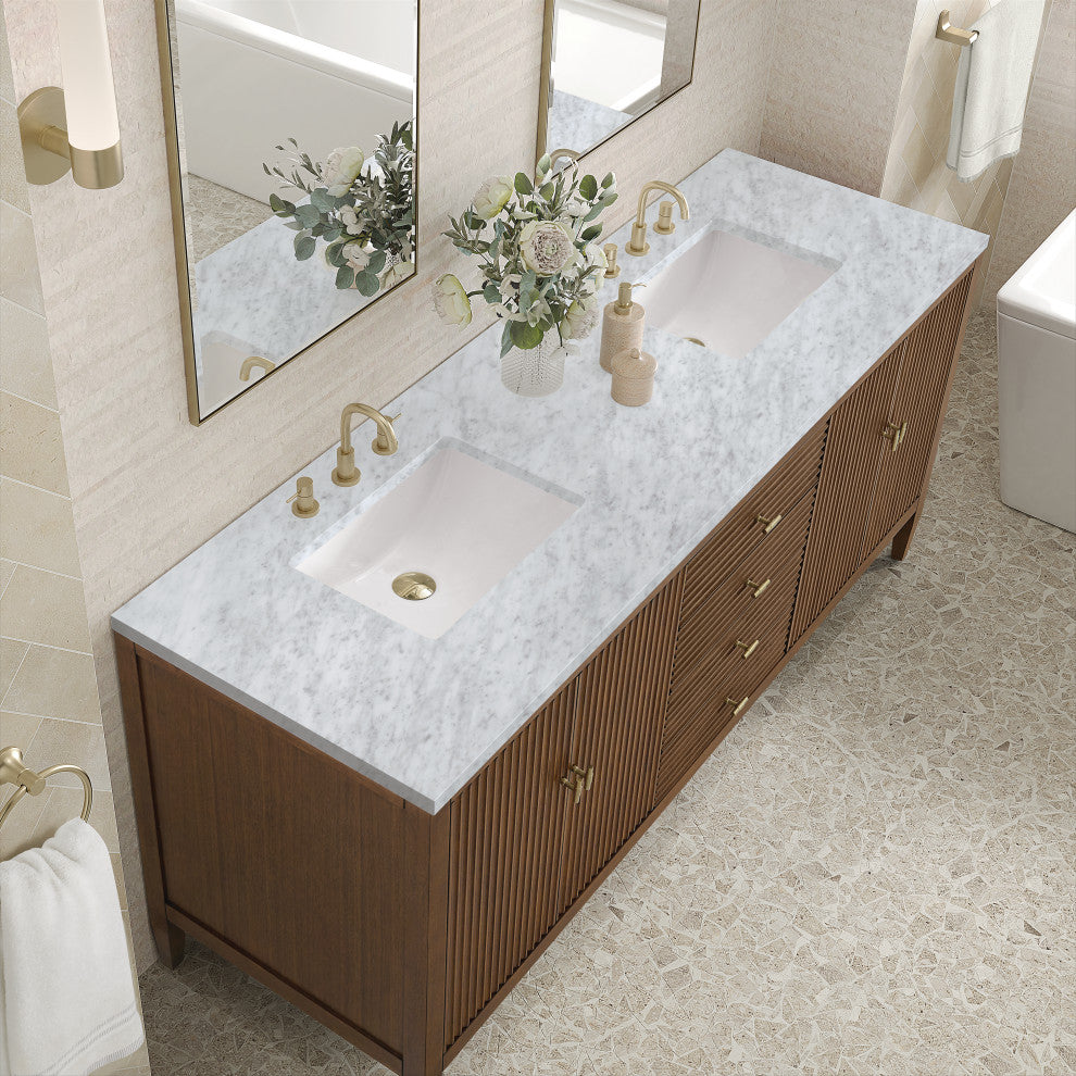Myrrin 72" Double Vanity, Mid Century Walnut, 3 CM Carrara White Marble Top