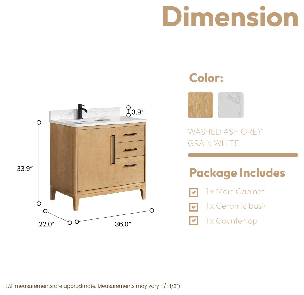 Gara Bath Vanity, Stone Top, Washed Ash Grey, 36", Single Vanity, No Mirror