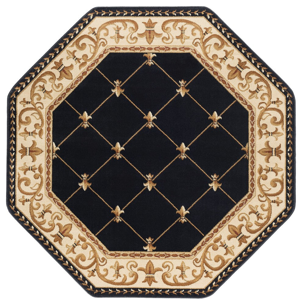 Orleans Traditional Border Area Rug, Black, 5'3" Octagon