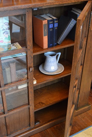 Crafters and Weavers Mission Solid Oak Double-Door Bookcase With Side Shelves