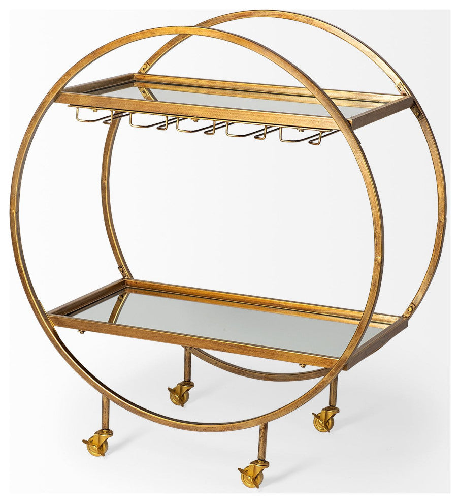 Carola Gold Frame Two-Tier Glass Shelves w/ Stemware Holder Bar Cart