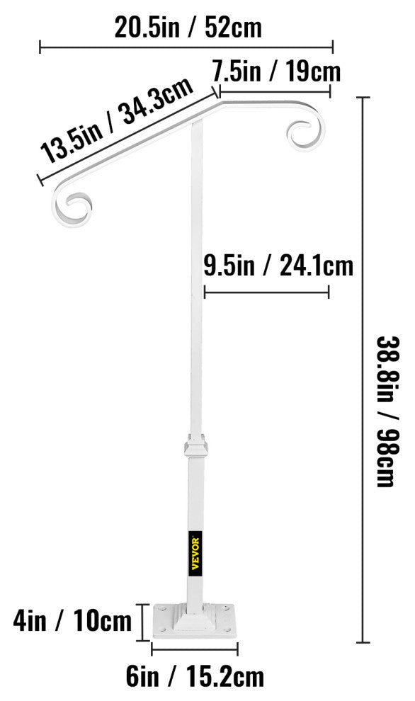 Single Post Handrail Wrought Iron Grab Supports Fits 1 or 2 Steps, White