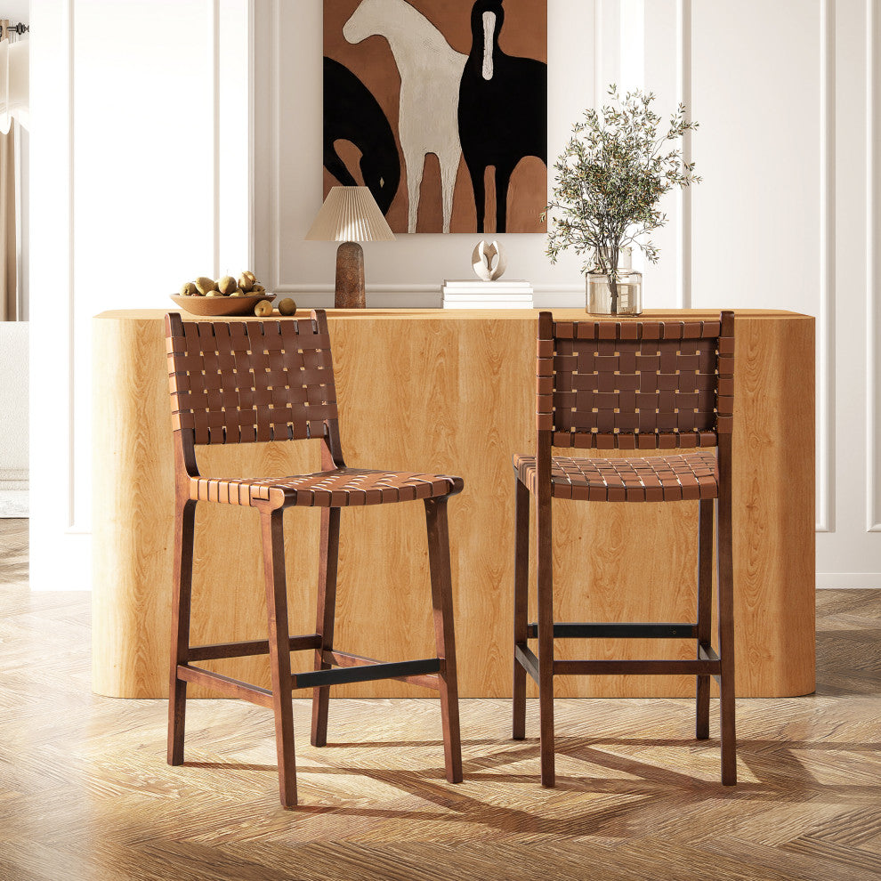 Andre 26" Woven Faux Leather Counter Stool, Pecan Brown