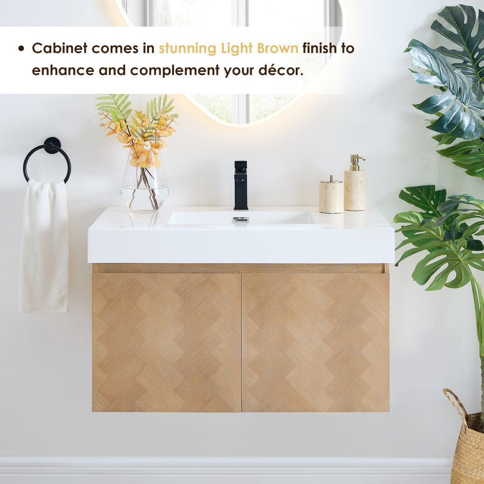 Siena Wall-mounted Single Bath Vanity, Light Brown, 36inch, With Mirror