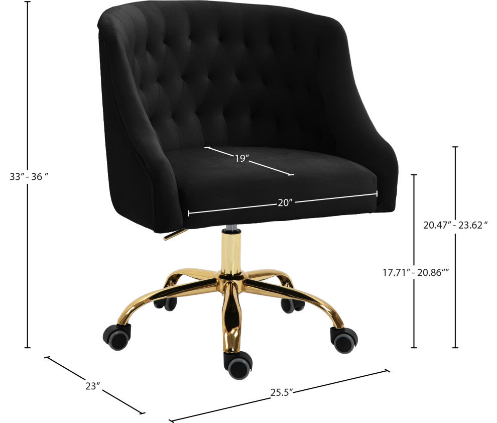 Arden Swivel and Adjustable Velvet Upholstered Office Chair, Black, Gold Base