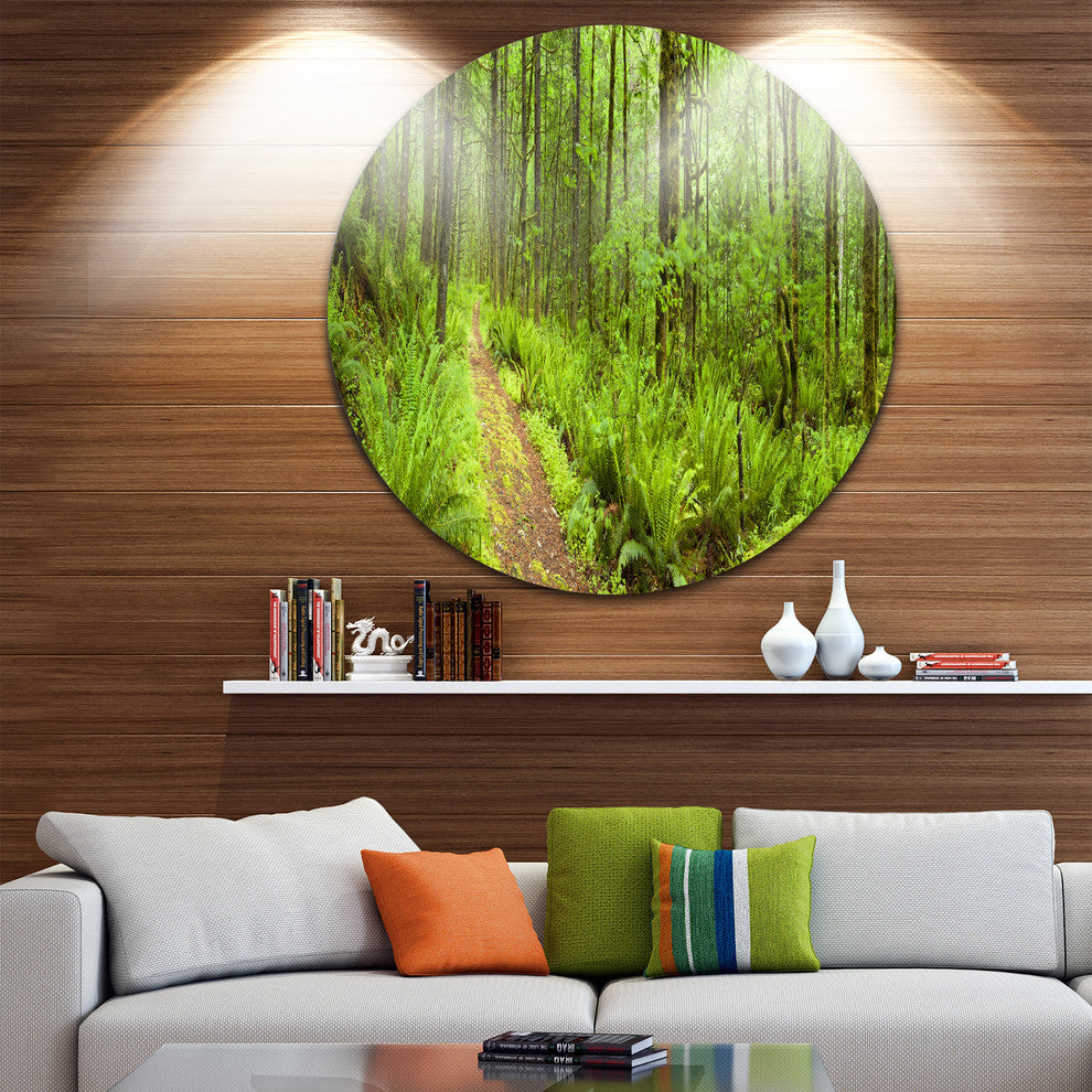 Lush Forest Path Columbia River, Forest Round Metal Wall Art, 23"