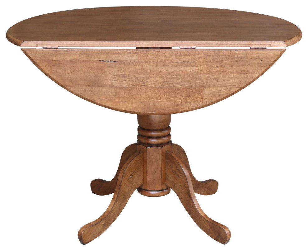 42" Round Dual Drop Leaf Pedestal Table, Distressed Oak